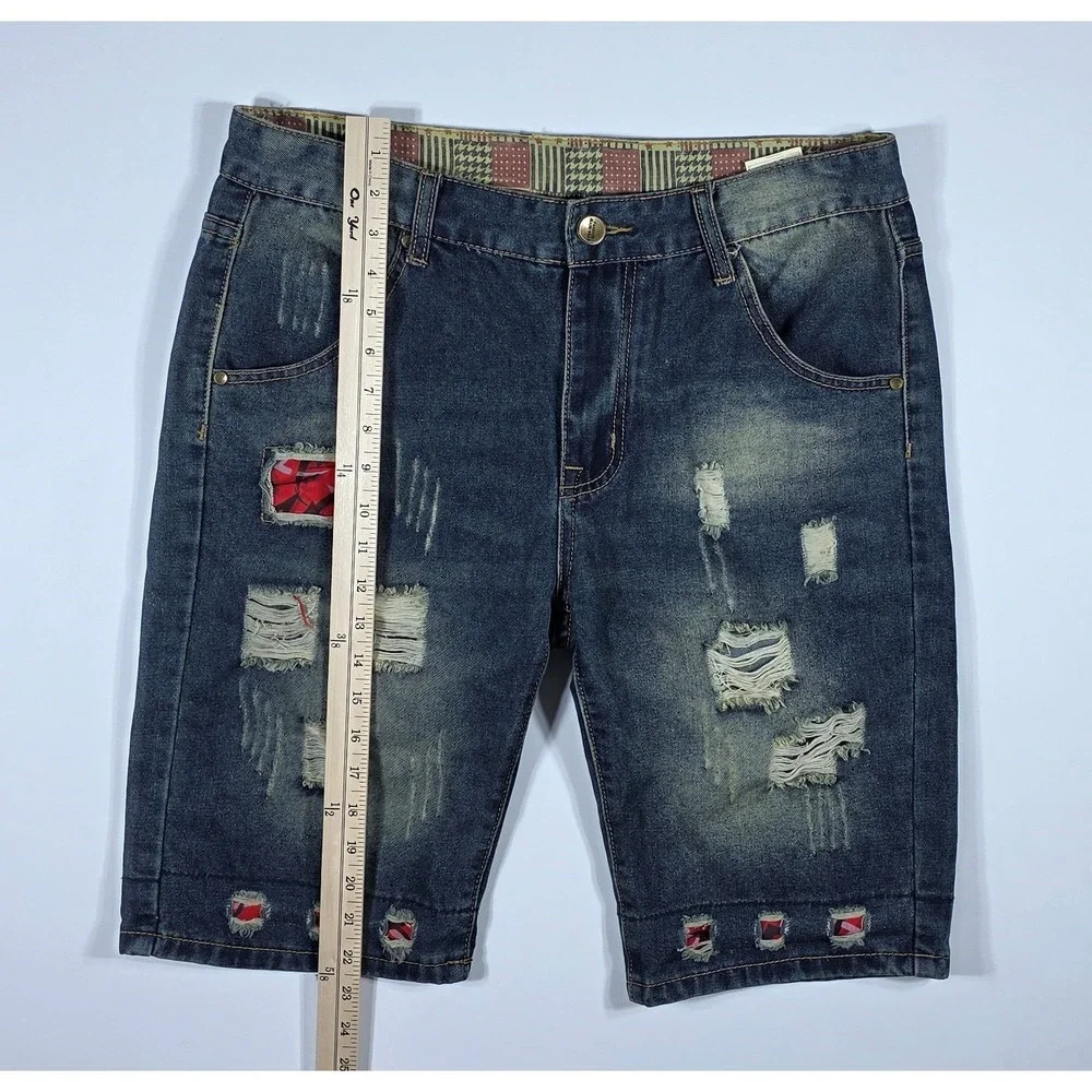 Fashion Jeans Wear Men's Distressed Denim Shorts Blue Red Camo Patchwork Size 34